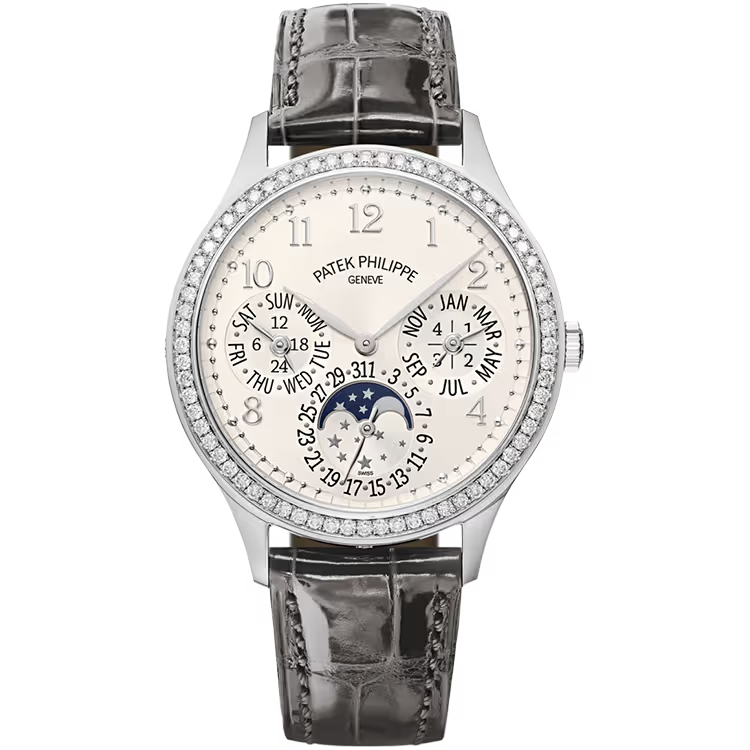 Patek Philippe Grand Complications White Dial Perpetual Calendar White Gold Diamond Bezel Leather Strap 35mm - Image 1