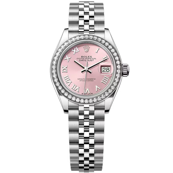 Rolex Datejust 28 Pink Roman Dial Stainless Steel Diamond Bezel Jubilee Bracelet 28mm