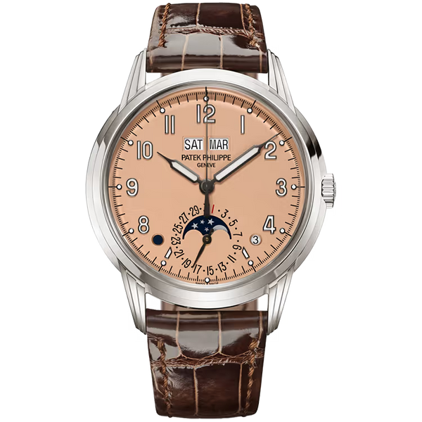 Patek Philippe Grand Complications Salmon Dial Perpetual Calendar White Gold Leather Strap 40mm