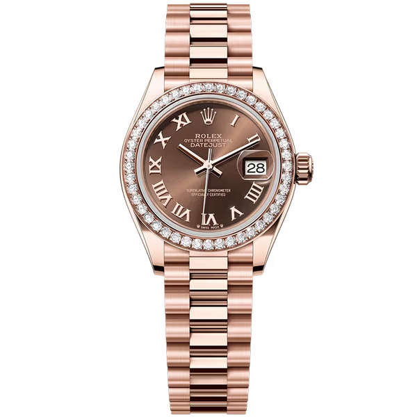 Rolex Datejust 28 Chocolate Roman Dial Rose Gold Diamond Bezel Presidential Bracelet 28mm