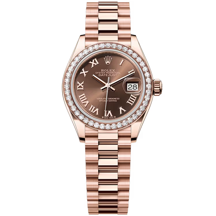 Rolex Datejust 28 Chocolate Roman Dial Rose Gold Diamond Bezel Presidential Bracelet 28mm - Image 1