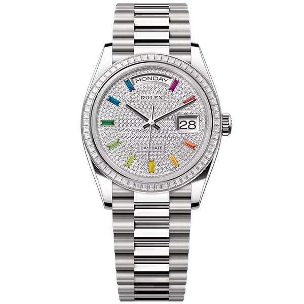 Rolex Day-Date 36 Rainbow Diamond Pave Dial White Gold Diamond Bezel Presidential Bracelet 36mm