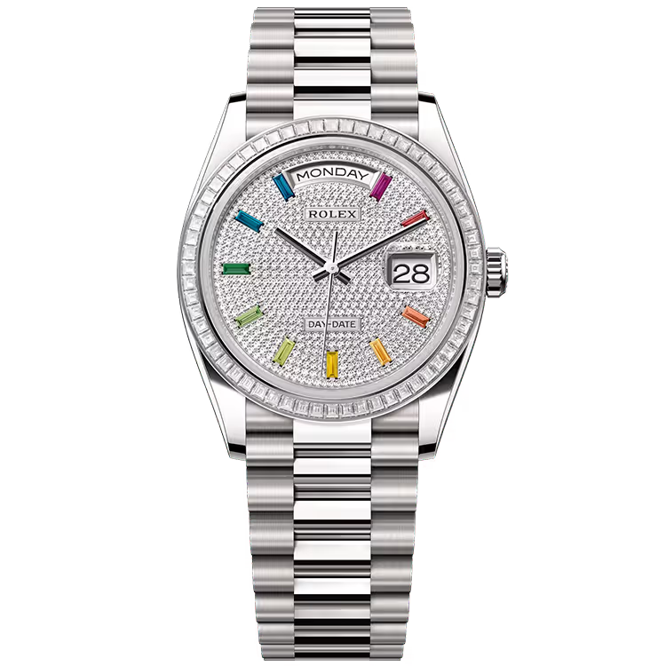 Rolex Day-Date 36 Rainbow Diamond Pave Dial White Gold Diamond Bezel Presidential Bracelet 36mm - Image 1