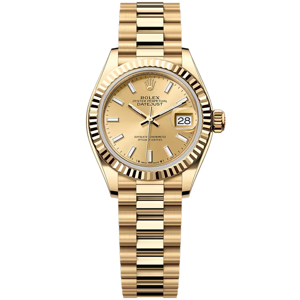 Rolex Datejust 28 Champagne Dial Yellow Gold Fluted Bezel President Bracelet 28mm
