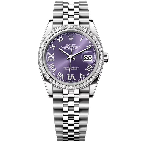 Rolex Datejust 36 Purple Roman Diamond Dial Stainless Steel Diamond Bezel Jubilee Bracelet 36mm