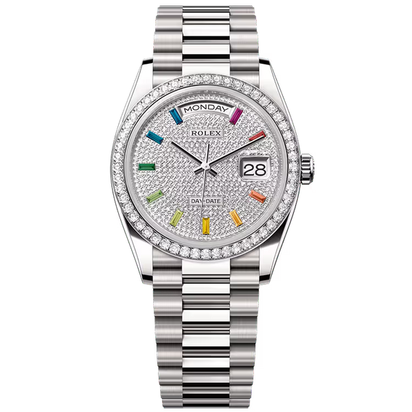 Rolex Day-Date 36 Rainbow Diamond Pave Dial White Gold Diamond Bezel Presidential Bracelet 36mm