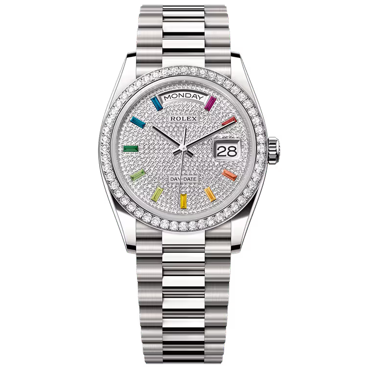 Rolex Day-Date 36 Rainbow Diamond Pave Dial White Gold Diamond Bezel Presidential Bracelet 36mm - Image 1