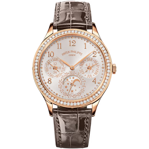 Patek Philippe Grand Complications White Dial Perpetual Calendar Rose Gold Diamond Bezel Leather Strap 35mm