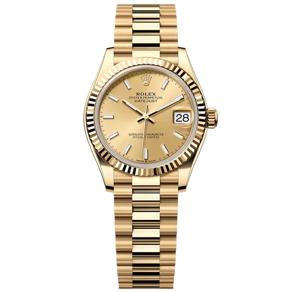 Rolex Datejust 31 Champagne Dial Yellow Gold Fluted Bezel Presidential Bracelet 31mm