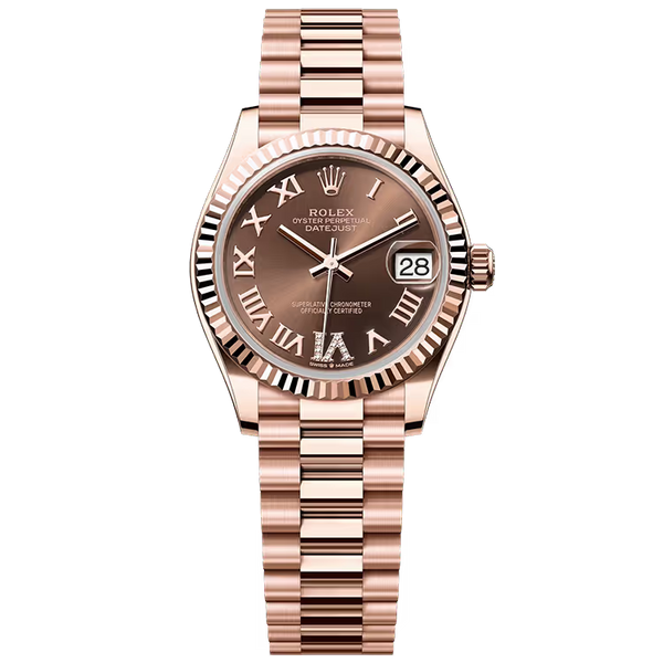 Rolex Datejust 31 Chocolate Roman Diamond Dial Rose Gold Fluted Bezel Presidential Bracelet 31mm