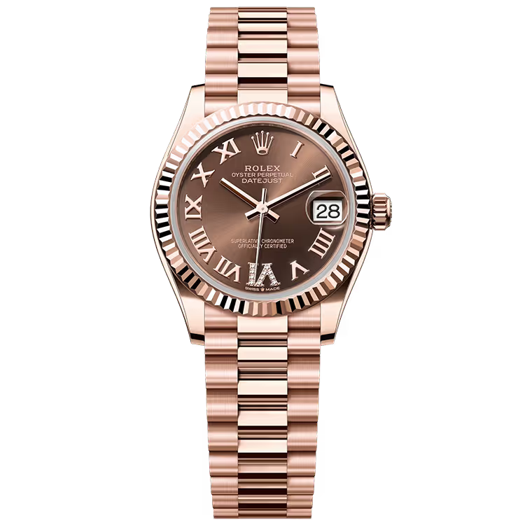 Rolex Datejust 31 Chocolate Roman Diamond Dial Rose Gold Fluted Bezel Presidential Bracelet 31mm - Image 1