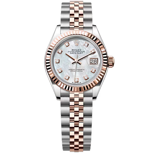 Rolex Datejust 28 Mother of Pearl Diamond Dial Steel & Rose Gold Fluted Bezel Jubilee Bracelet 28mm