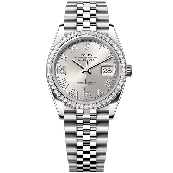 Rolex Datejust 36 Silver Roman Dial Stainless Steel Diamond Bezel Jubilee Bracelet 36mm
