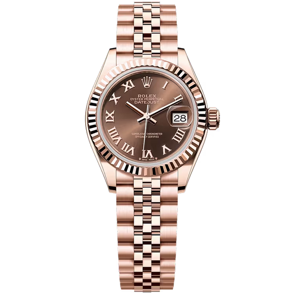 Rolex Datejust 28 Chocolate Roman Dial Rose Gold Fluted Bezel Jubilee Bracelet 28mm