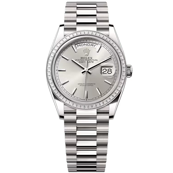 Rolex Day-Date 36 Silver Dial White Gold Diamond Bezel Presidential Bracelet 36mm