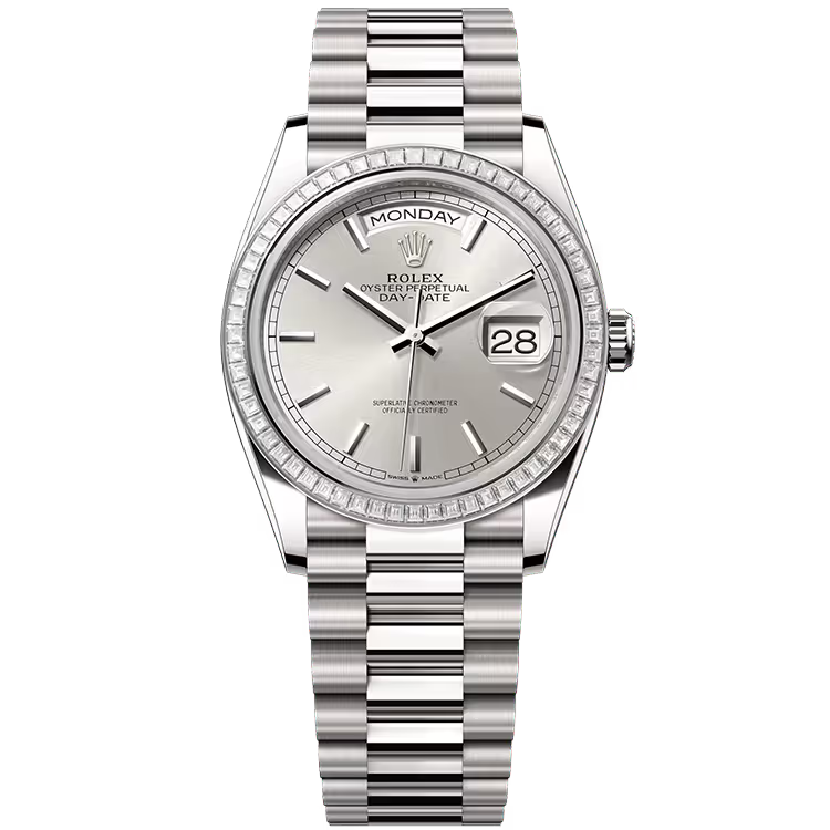Rolex Day-Date 36 Silver Dial White Gold Diamond Bezel Presidential Bracelet 36mm - Image 1
