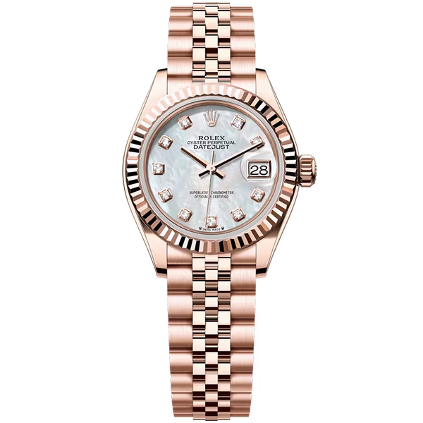 Rolex Datejust 28 Mother of Pearl Diamond Dial Rose Gold Fluted Bezel Jubilee Bracelet 28mm