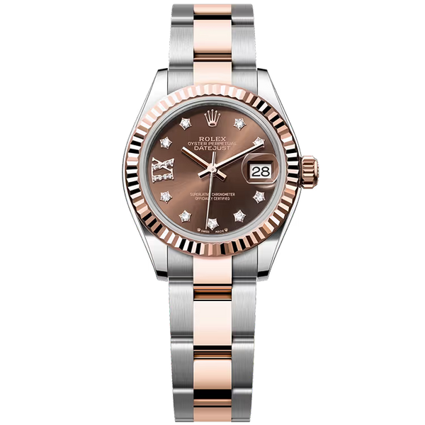 Rolex Datejust 28 Chocolate Single Roman Diamond Dial Steel & Rose Gold Fluted Bezel Oyster Bracelet 28mm