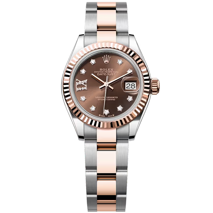 Rolex Datejust 28 Chocolate Single Roman Diamond Dial Steel & Rose Gold Fluted Bezel Oyster Bracelet 28mm - Image 1