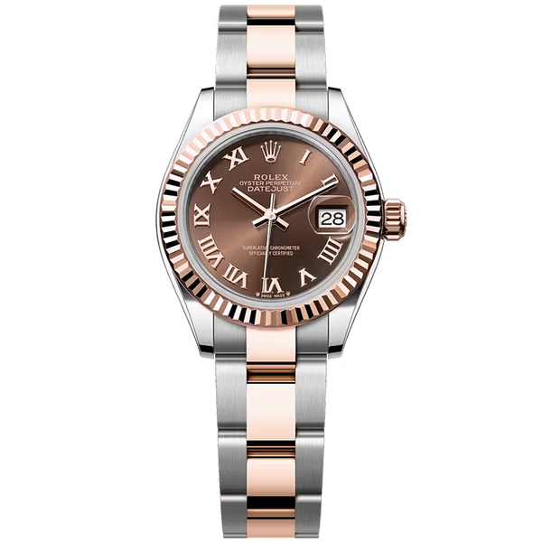 Rolex Datejust 28 Chocolate Roman Dial Steel & Rose Gold Fluted Bezel Oyster Bracelet 28mm
