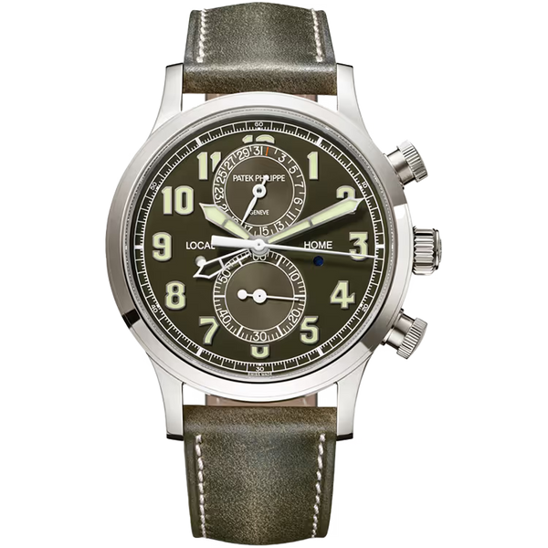 Patek Philippe Complications Green Dial Calatrava Pilot Travel Time Chronograph White Gold Leather Strap 42mm
