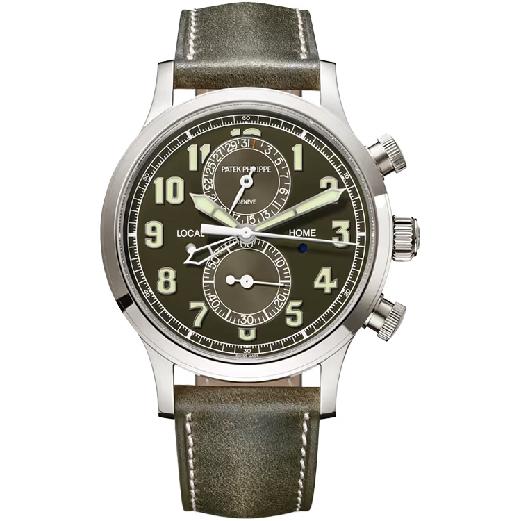 Patek Philippe Complications Green Dial Calatrava Pilot Travel Time Chronograph White Gold Leather Strap 42mm - Image 1