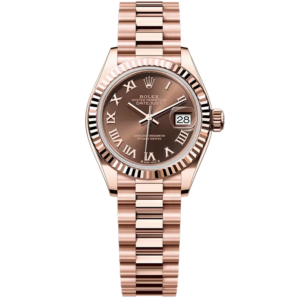 Rolex Datejust 28 Chocolate Roman Dial Rose Gold Fluted Bezel Presidential Bracelet 28mm