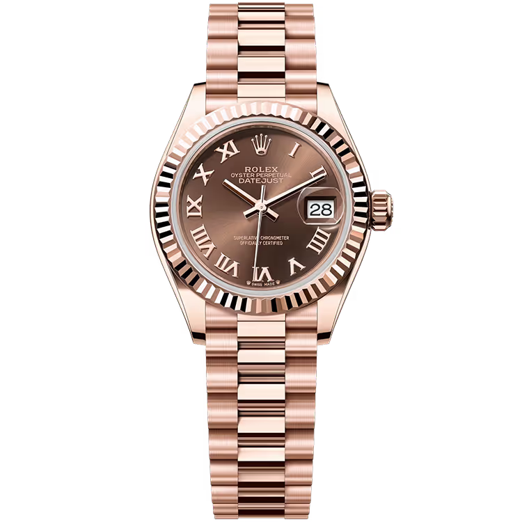 Rolex Datejust 28 Chocolate Roman Dial Rose Gold Fluted Bezel Presidential Bracelet 28mm - Image 1