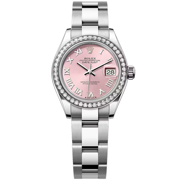 Rolex Datejust 28 Pink Roman Dial Stainless Steel Diamond Bezel Oyster Bracelet 28mm
