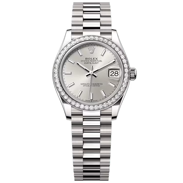Rolex Datejust 31 Silver Dial White Gold Diamond Bezel Presidential Bracelet 31mm