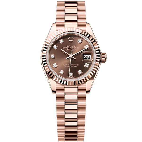 Rolex Datejust 28 Chocolate Diamond Dial Rose Gold Fluted Bezel Presidential Bracelet 28mm