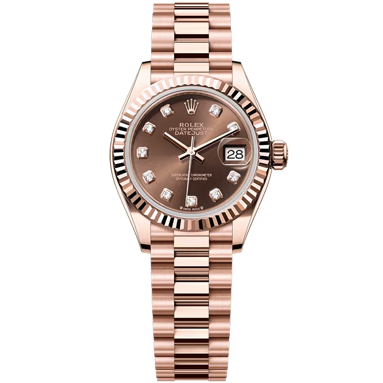 Rolex Datejust 28 Chocolate Diamond Dial Rose Gold Fluted Bezel Presidential Bracelet 28mm - Image 1