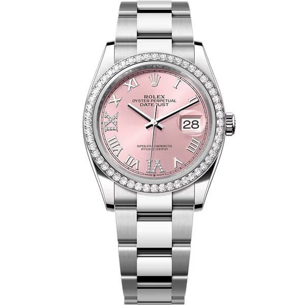 Rolex Datejust 36 Pink Roman Dial Stainless Steel Diamond Bezel Oyster Bracelet 36mm