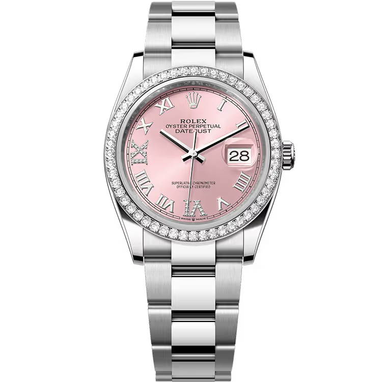 Rolex Datejust 36 Pink Roman Dial Stainless Steel Diamond Bezel Oyster Bracelet 36mm - Image 1