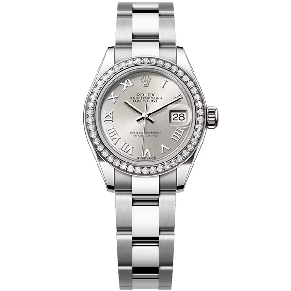 Rolex Datejust 28 Silver Roman Dial Stainless Steel Diamond Bezel Oyster Bracelet 28mm