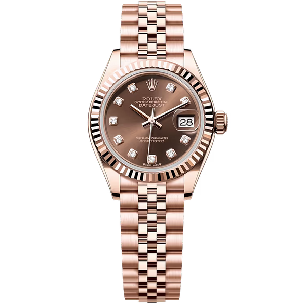 Rolex Datejust 28 Chocolate Diamond Dial Rose Gold Fluted Bezel Jubilee Bracelet 28mm