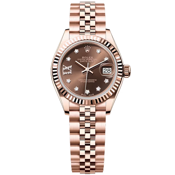 Rolex Datejust 28 Chocolate Single Roman Diamond Dial Rose Gold Fluted Bezel Jubilee Bracelet 28mm