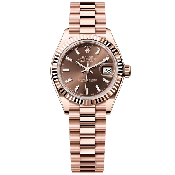 Rolex Datejust 28 Chocolate Dial Rose Gold Fluted Bezel Presidential Bracelet 28mm
