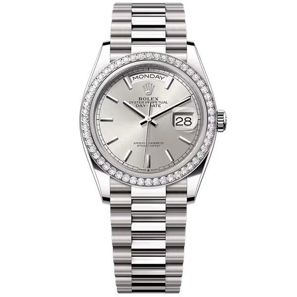 Rolex Day-Date 36 Silver Dial White Gold Diamond Bezel Presidential Bracelet 36mm