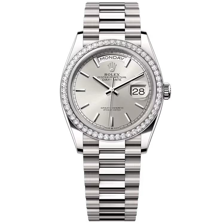 Rolex Day-Date 36 Silver Dial White Gold Diamond Bezel Presidential Bracelet 36mm - Image 1
