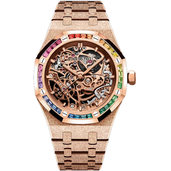 Audemars Piguet Royal Oak Skeleton Dial Double Balance Wheel Rose Gold Frosted Rainbow Bezel 37mm