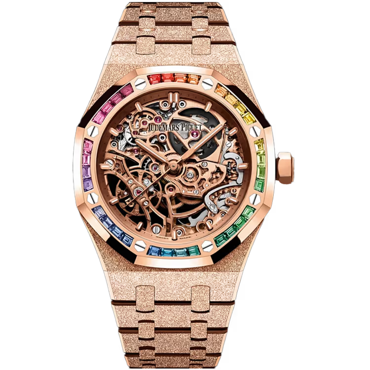 Audemars Piguet Royal Oak Skeleton Dial Double Balance Wheel Rose Gold Frosted Rainbow Bezel 37mm - Image 1