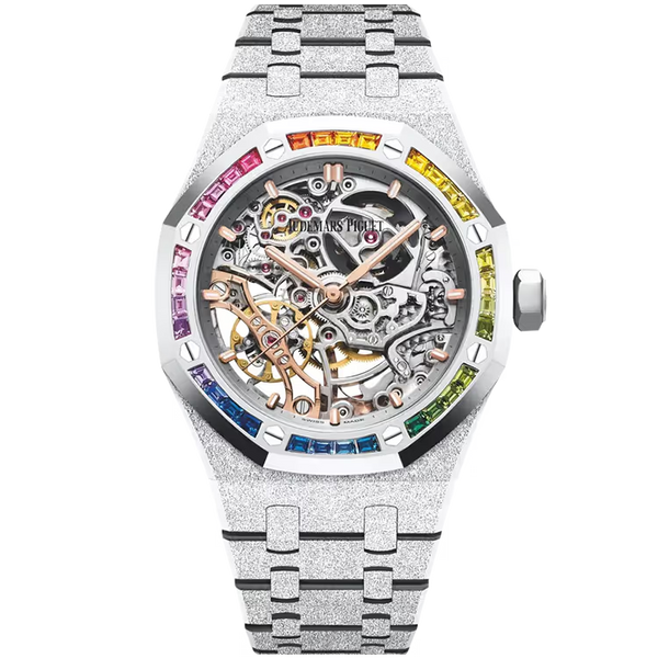 Audemars Piguet Royal Oak Skeleton Dial Double Balance Wheel White Gold Frosted Rainbow Bezel 37mm