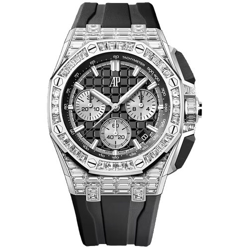 Audemars Piguet Royal Oak Offshore Black Dial Chronograph White Gold Diamond Bezel Rubber Bracelet 43mm