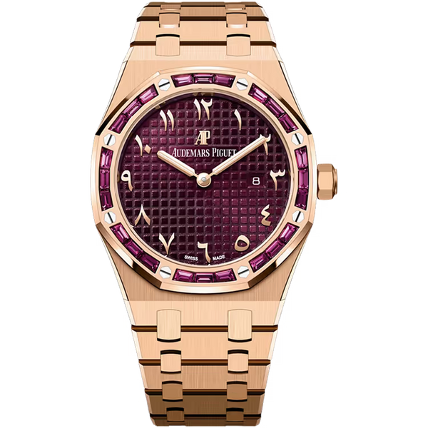 Audemars Piguet Royal Oak Red Arabic Dial Quartz Rose Gold Burgundy Garnet Bezel 33mm