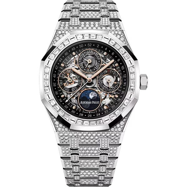 Audemars Piguet Royal Oak Skeleton Dial Perpetual Calendar. White Gold Diamond Bezel Diamond Bracelet 41mm