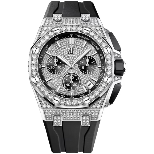 Audemars Piguet Royal Oak Offshore Diamond Pave Dial Chronograph White Gold Diamond Bezel Rubber Bracelet 43mm