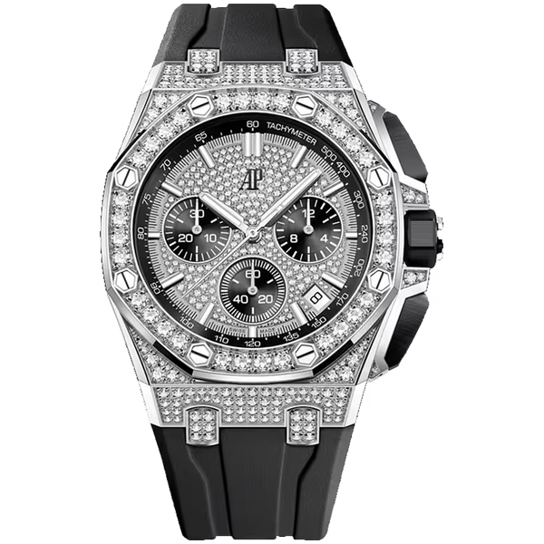 Audemars Piguet Royal Oak Offshore Diamond Pave Dial Chronograph White Gold Diamond Bezel Rubber Bracelet 43mm