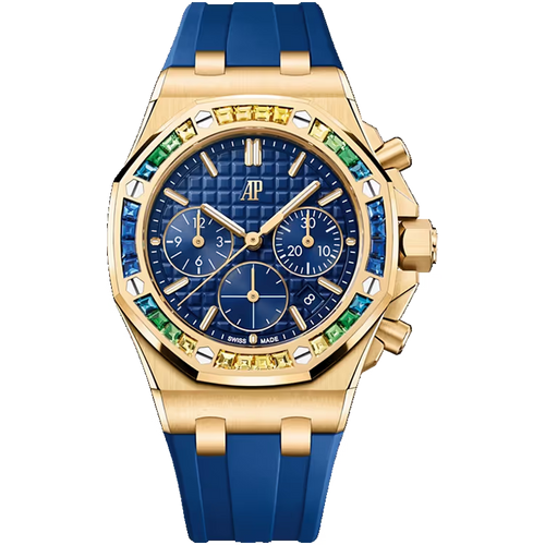 Audemars Piguet Royal Oak Offshore Blue Dial Chronograph Yellow Gold Multi-Colored Sapphire Bezel Rubber Strap 37mm