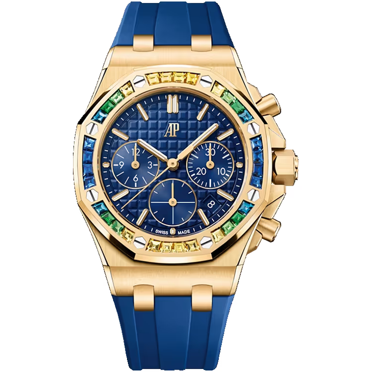 Audemars Piguet Royal Oak Offshore Blue Dial Chronograph Yellow Gold Multi-Colored Sapphire Bezel Rubber Strap 37mm - Image 1